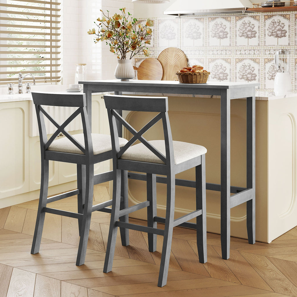 Farmhouse 48"Rectangular Wood Bar Height Dining Set Kitchen Breakfast Nook With 2 Chairs for Small Places,Gray