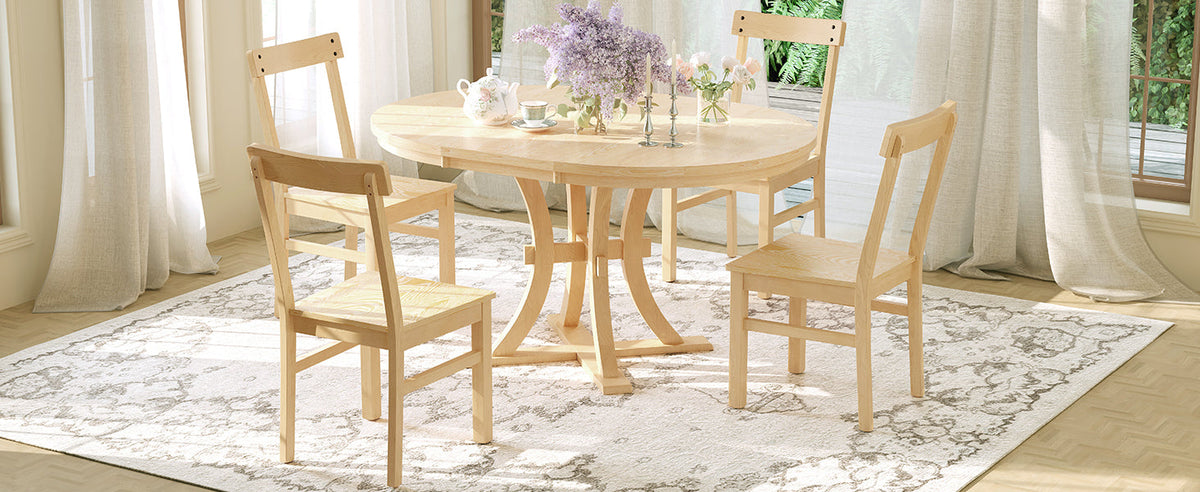 5-Piece Rustic Round Pedestal Extendable Dining Table Set With 15.7" Removable Leaf and Simple Dining Chirs for Small Pl