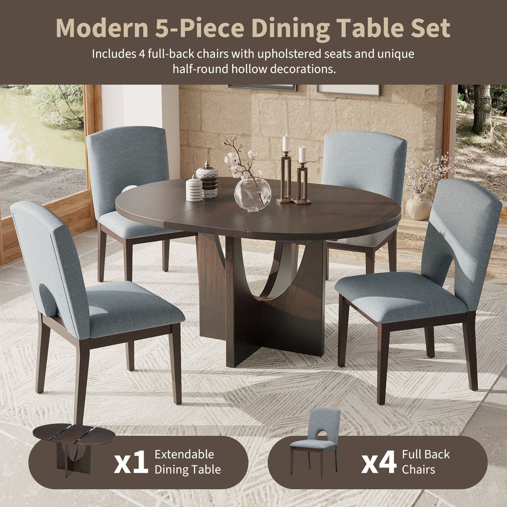 Modern 5-Piece Extendable Round Dining Table Set With 16.2inch Removable Leaf for Small Places, Espresso+Gray