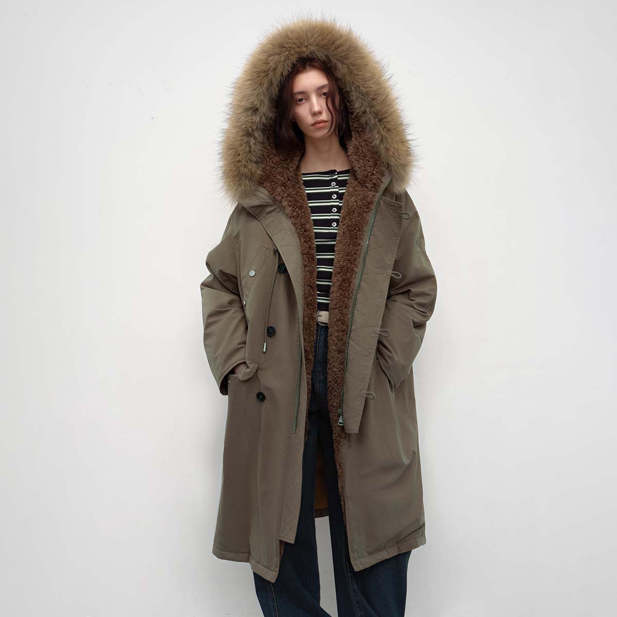 Fireladyfur Women’s Hooded Down Raccoon Fur Collar Parka Cold Weather“Manchester City Old Story”