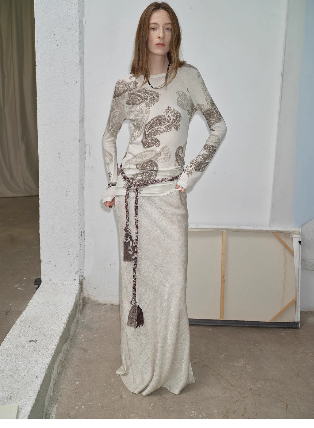 Tencel Wool Original Cashew Print Round Neck Slim Long Sleeve and Skirt"Vintage Gene"