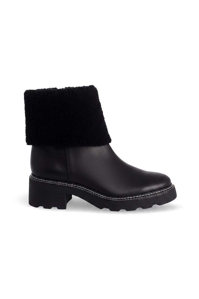 Andira Black Leather Ankle Boots – Shearling Collar, 5cm Block Heel
