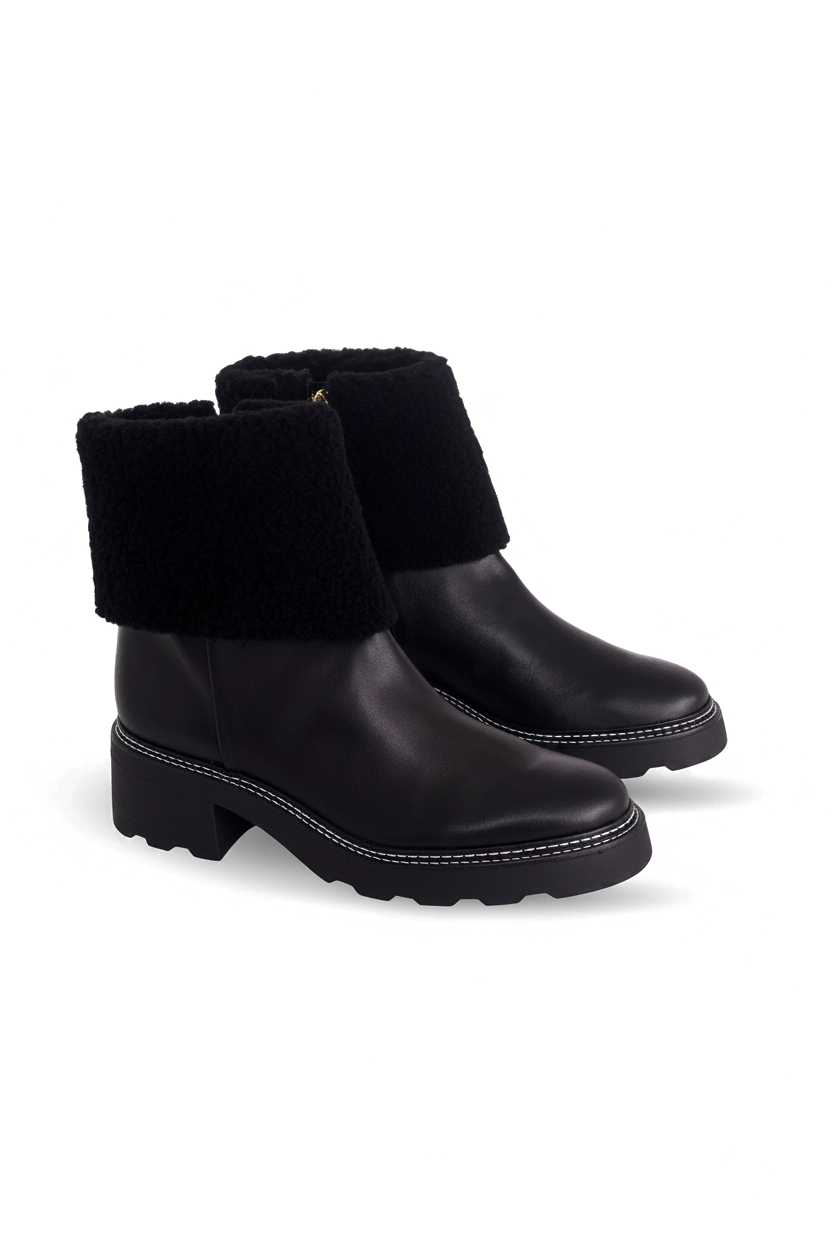 Andira ankelboots i svart läder – fårskinnsdetalj, 5 cm blockklack