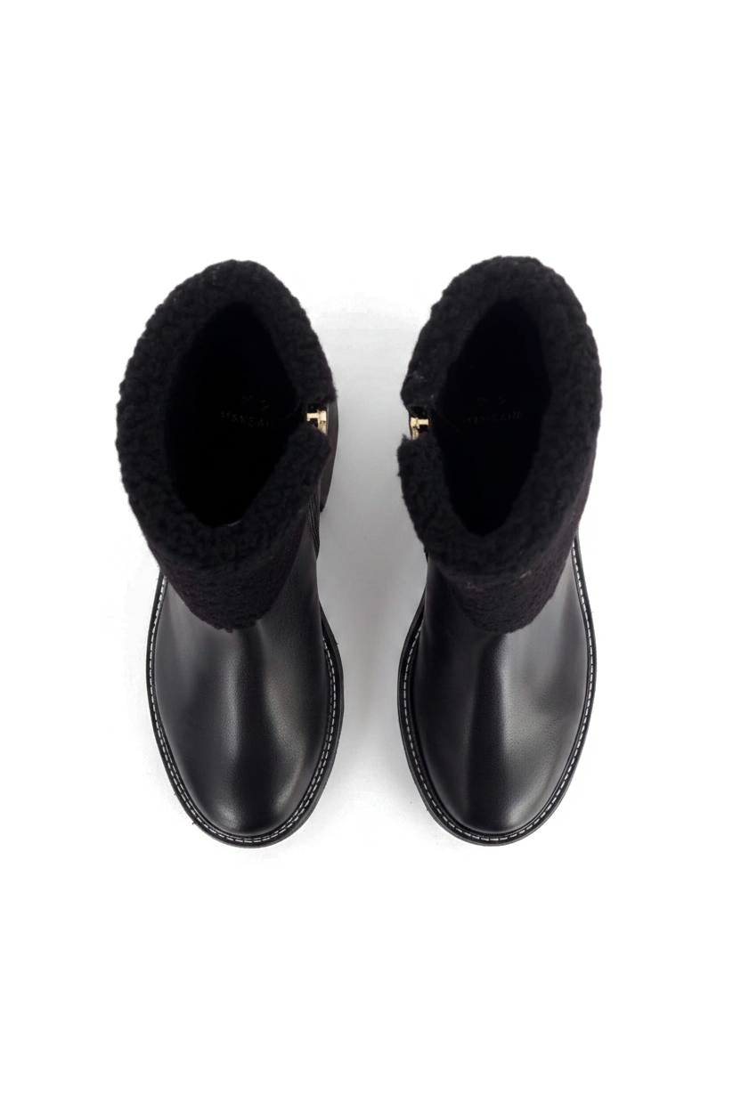 Andira ankelboots i svart läder – fårskinnsdetalj, 5 cm blockklack