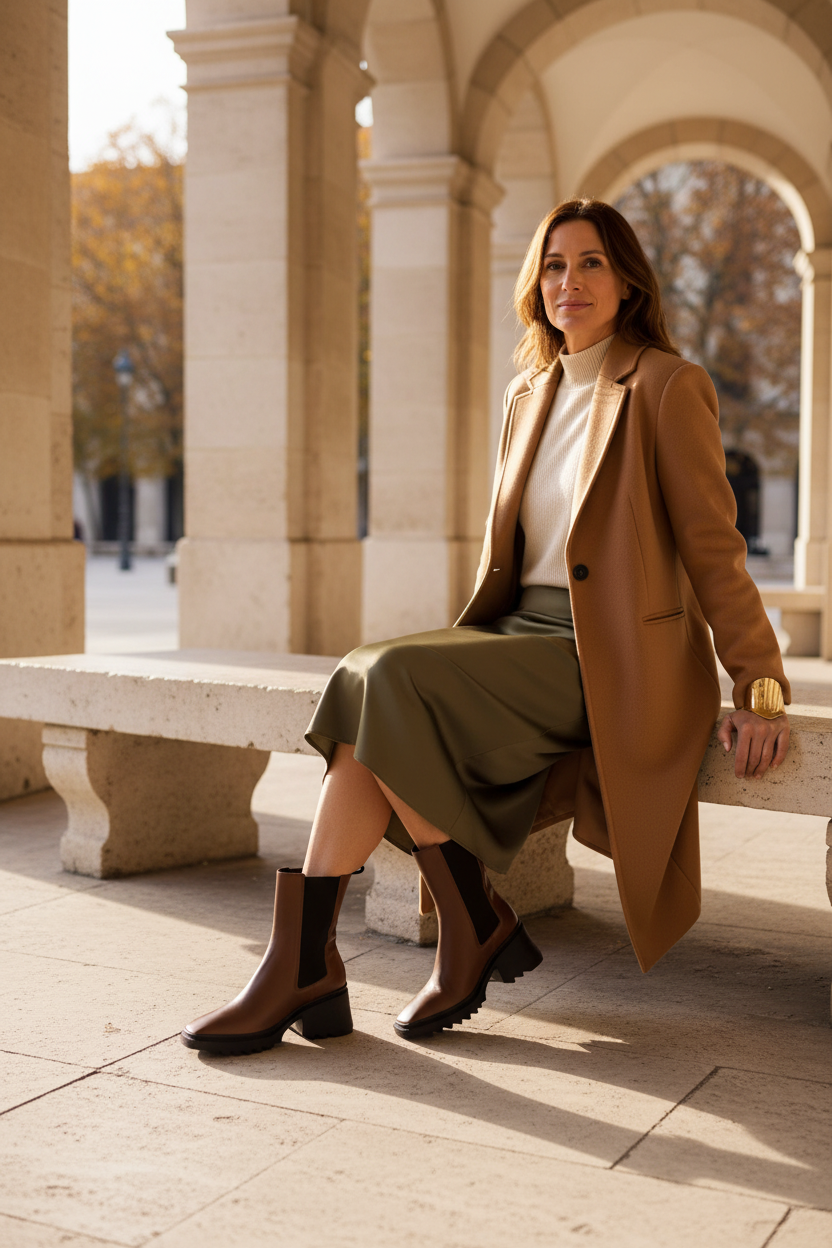 Arachis Brown Leather Chelsea Boots – Lug Sole, 7.8cm Block Heel