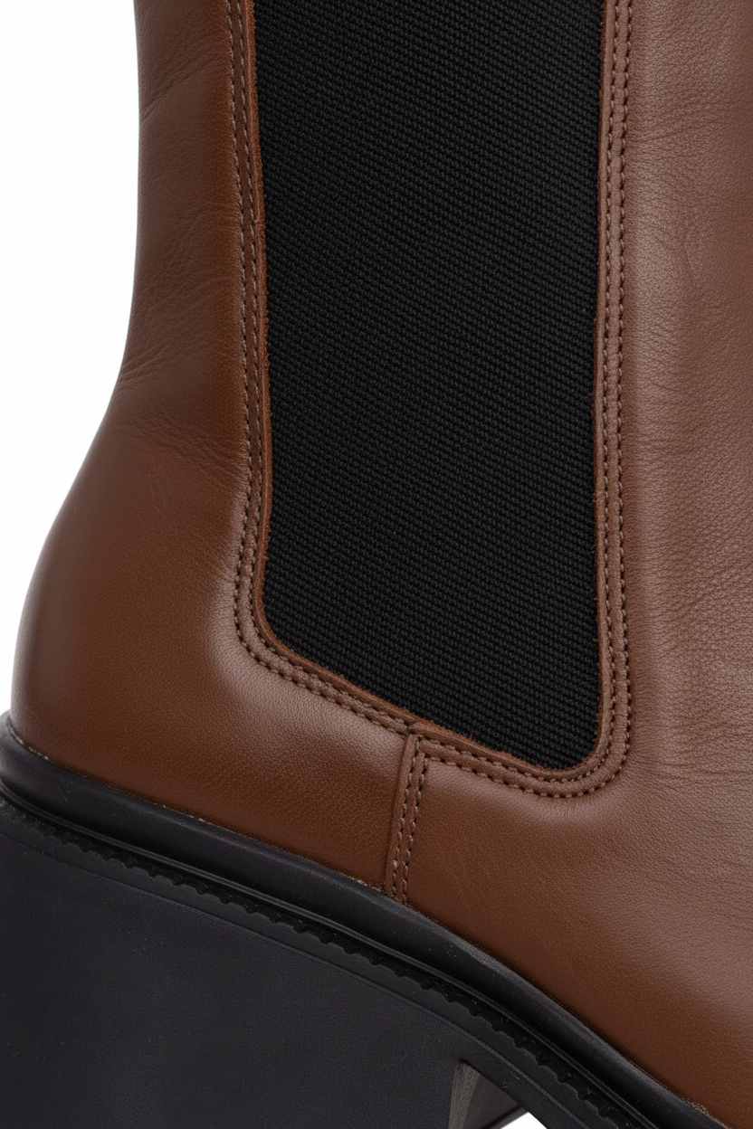 Arachis Brown Leather Chelsea Boots – Lug Sole, 7.8cm Block Heel