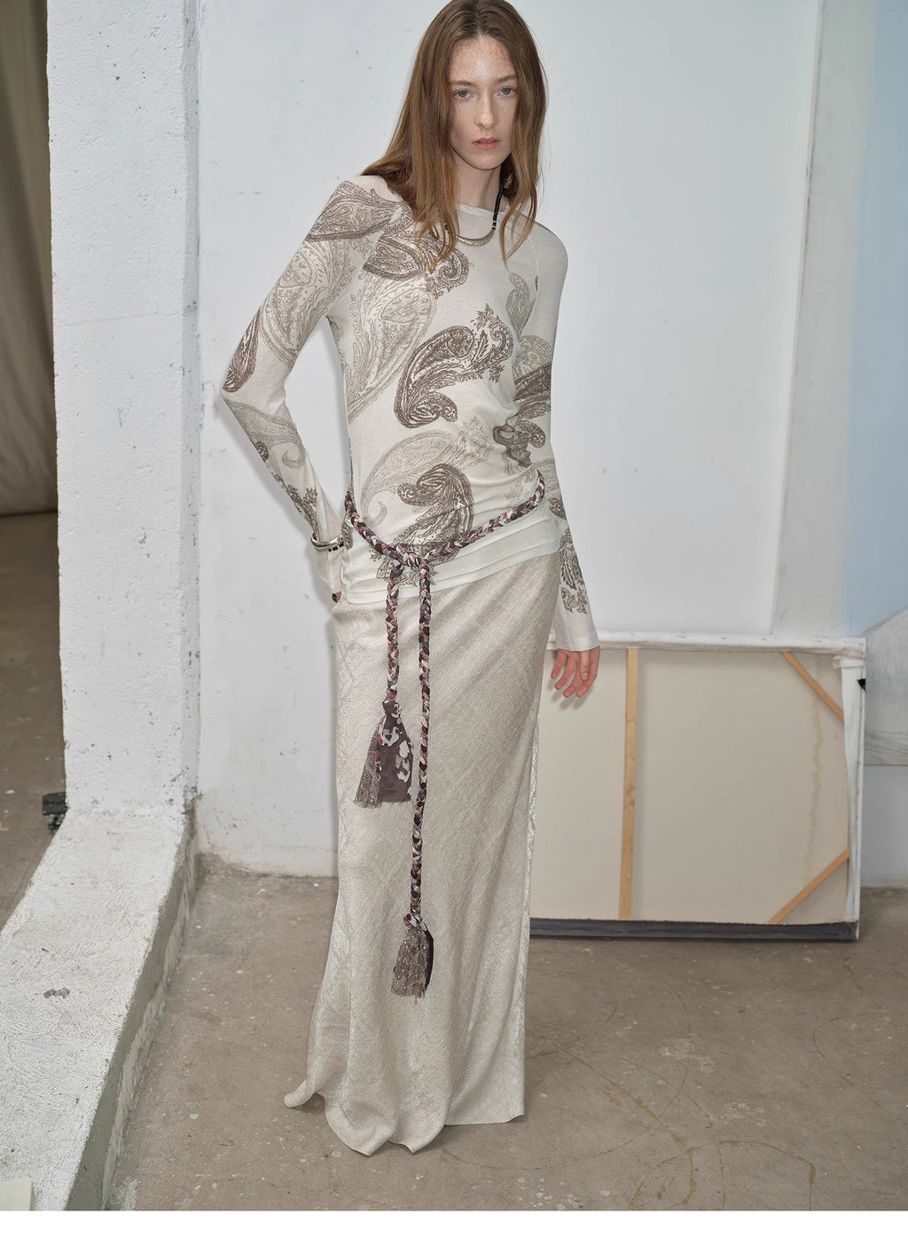 Tencel Wool Original Cashew Print Round Neck Slim Long Sleeve and Skirt"Vintage Gene"