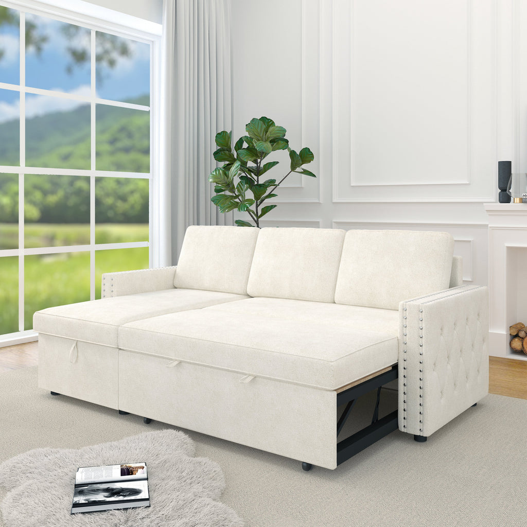 85 Inches Sofa Bed, 3 Seater Sleeper Sofa With Storage Chaise, Square Handrail With Pull and Copper Nail,Chenille , Pull