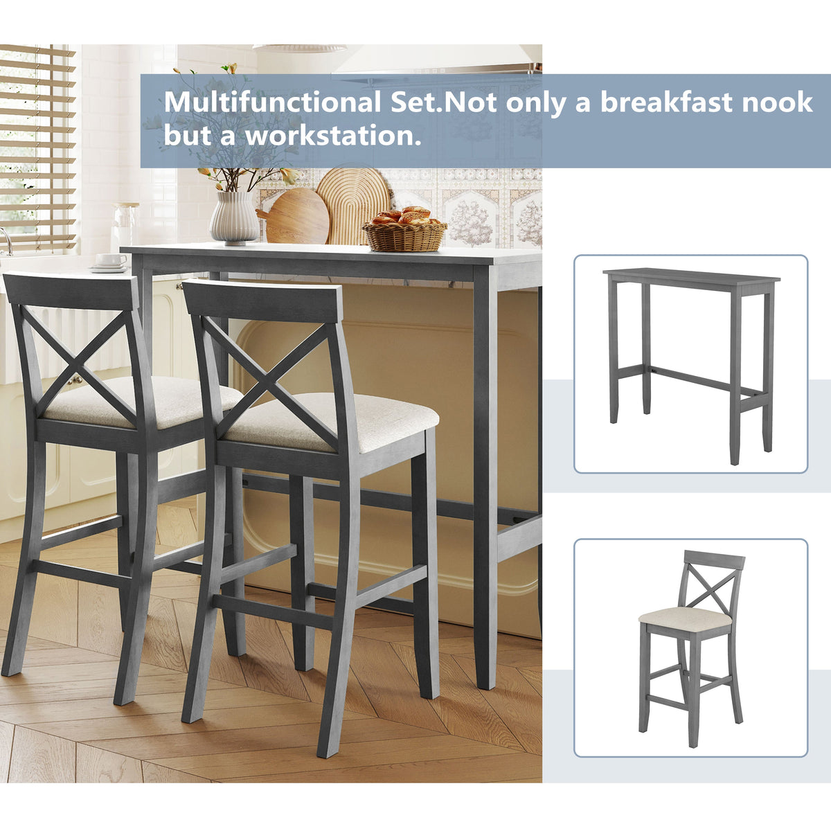Farmhouse 48"Rectangular Wood Bar Height Dining Set Kitchen Breakfast Nook With 2 Chairs for Small Places,Gray