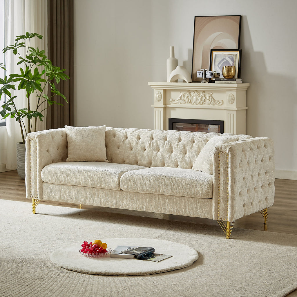82-tums soffa i chenille med dragspännesdesign för vardagsrum, knapptuftad med kopparnagelsdekoration på armstödet, modern soffa