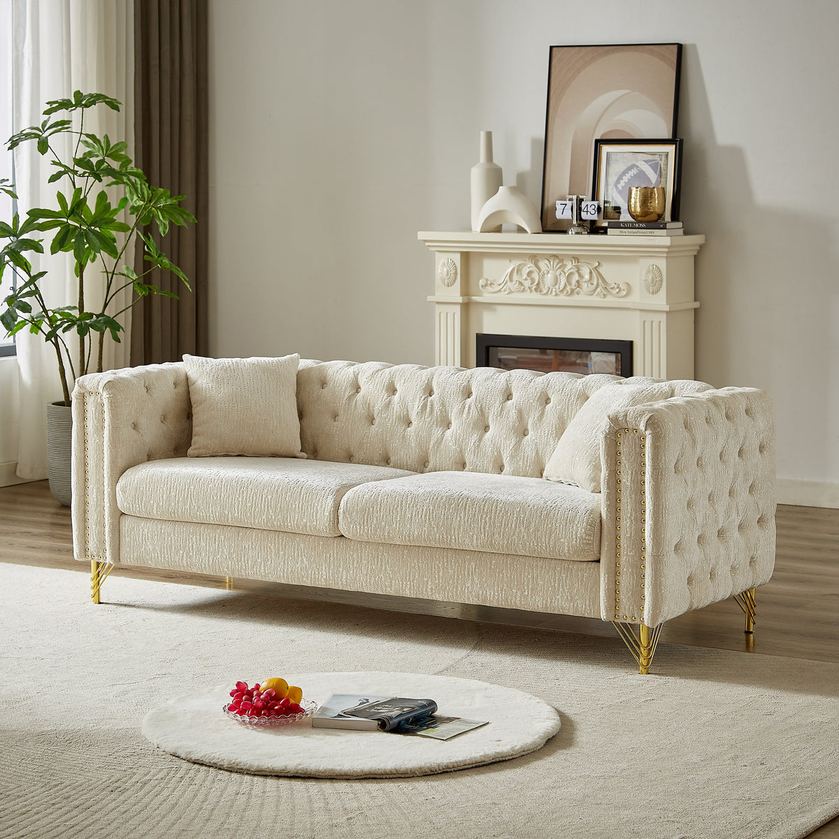 82-Inch Chenille Pull Buckle Design Sofa for Living Room,Buttons Tufted With Copper Nail Decoration Armrest, Modern Couc