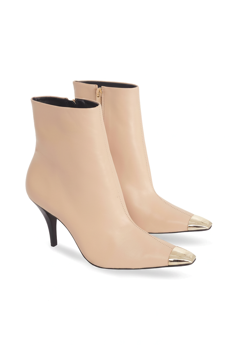 Inga Beige Leather Ankle Boots – Gold Toe Cap, 8.7cm Stiletto Heel