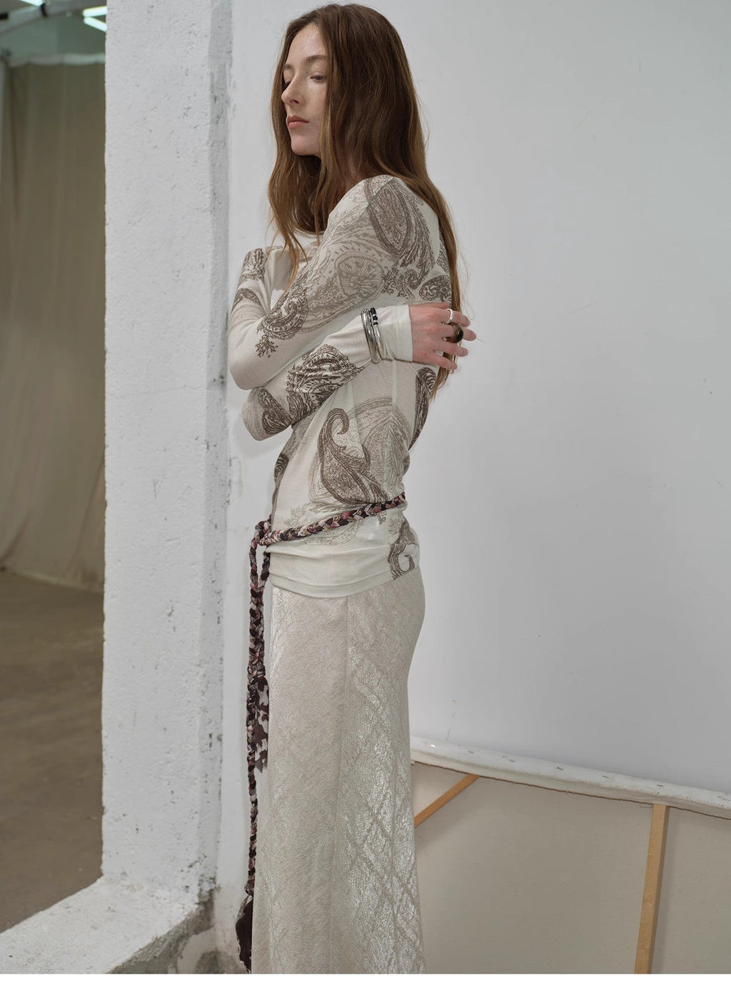 Tencel Wool Original Cashew Print Round Neck Slim Long Sleeve and Skirt"Vintage Gene"
