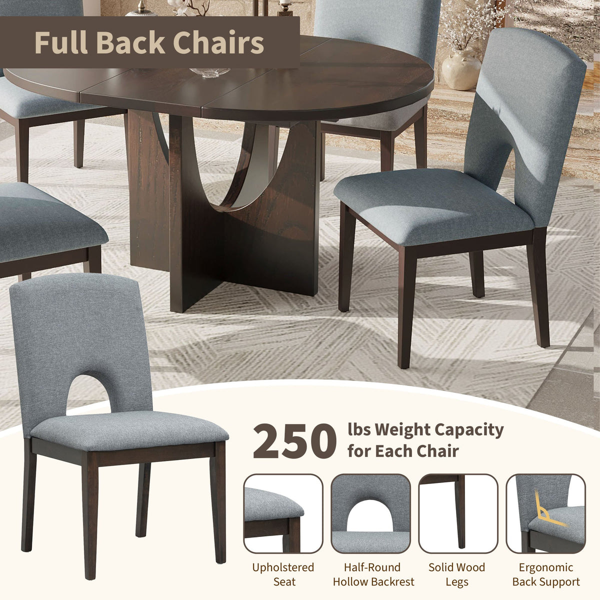 Modern 5-Piece Extendable Round Dining Table Set With 16.2inch Removable Leaf for Small Places, Espresso+Gray