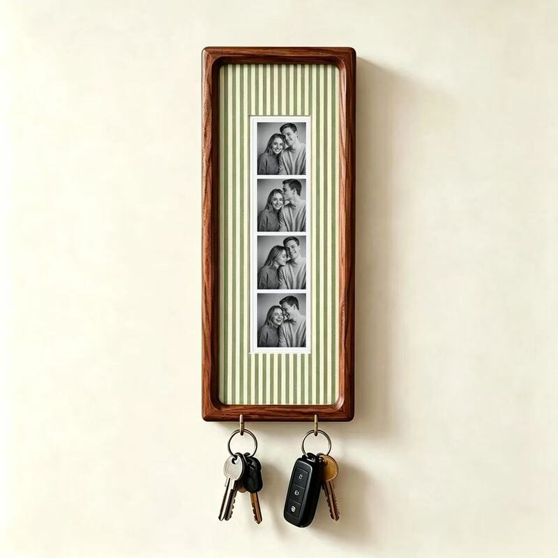 Cadre photo en bois pour couple avec porte-clés – Cadre photo mural, porte-clés à rayures vintage, cadeau d'anniversaire