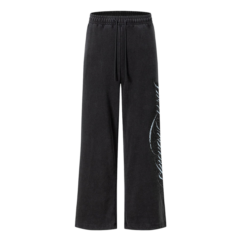 Street Side Cursive Letter Print Distressed Wash Elastic Waist Wide Leg Sweatpants