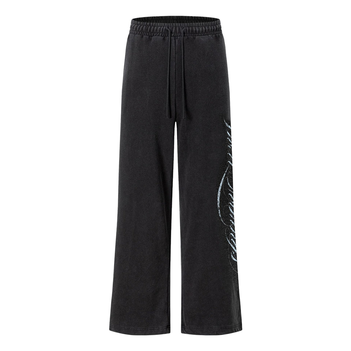 Street Side Cursive Letter Print Distressed Wash Elastic Waist Wide Leg Sweatpants