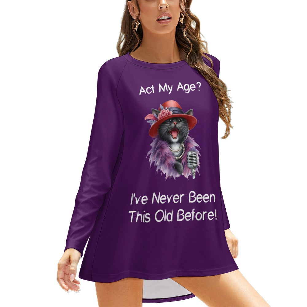 Cat-Themed Act My Age Long Crew Neck Long Sleeve Shirt