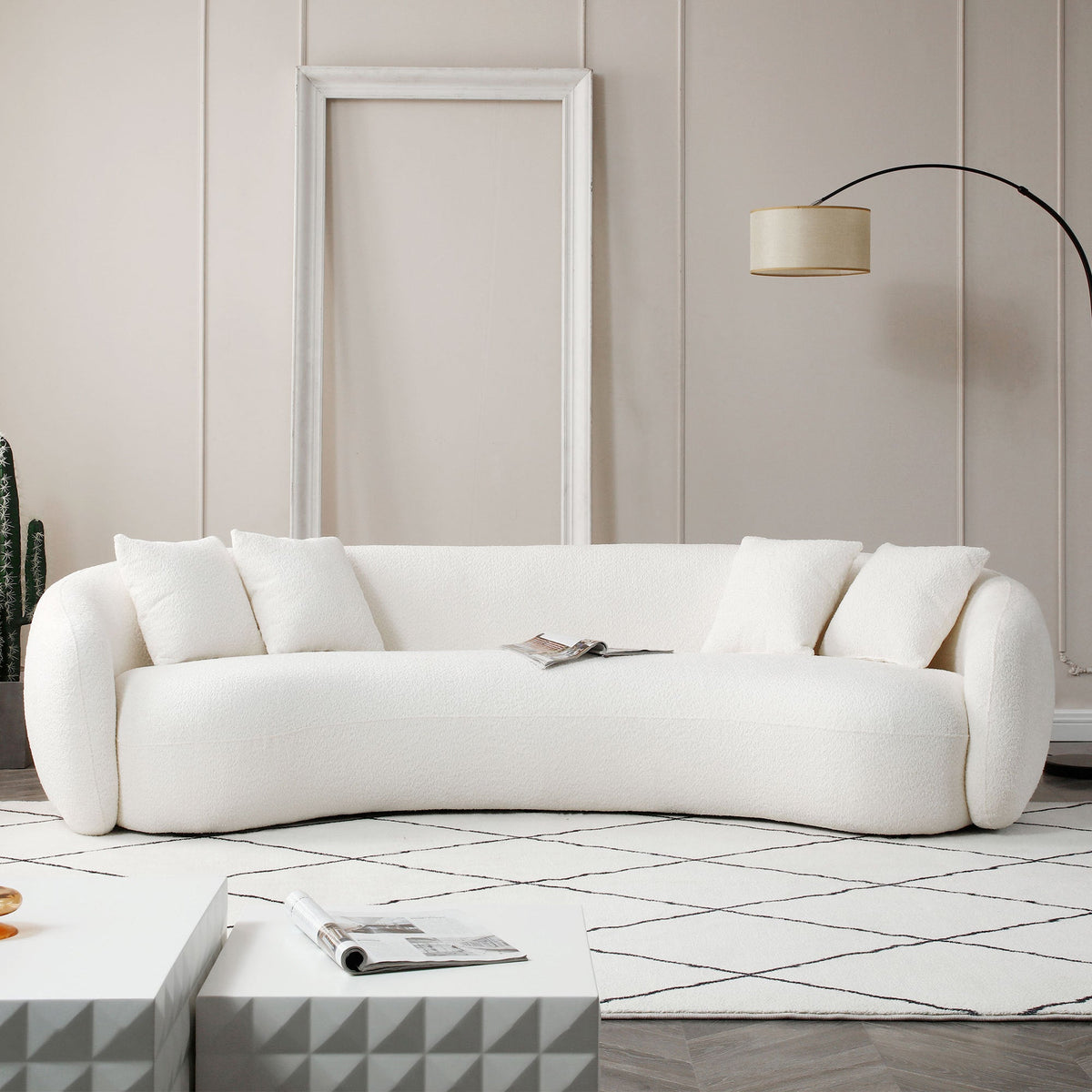 102'' 5-Sitzer Bouclé-Sofa Modernes Ecksofa Halbmond Freizeitcouch Gebogenes Sofa Teddy-Fleece Samt WEISS