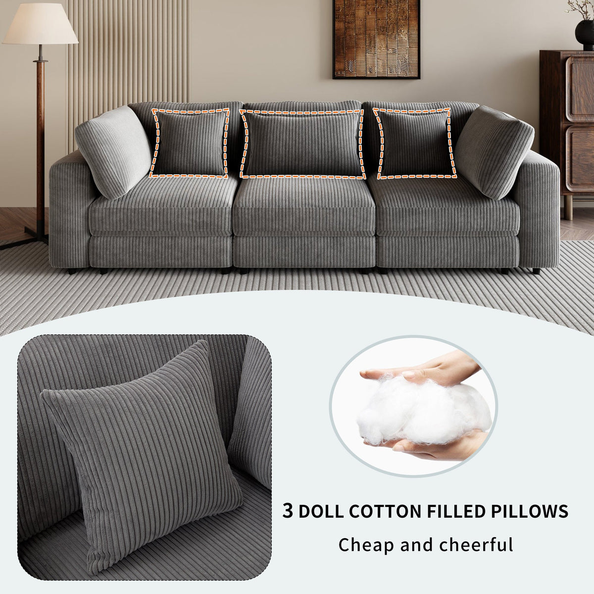 105'' 3 Seater Sofa With Removable Back Cushions and 5 Pillows , for Living Room, Apartment, Spacious Space