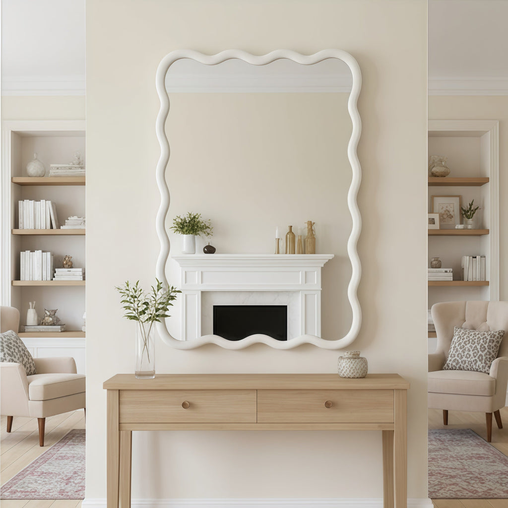 30'x40' Wavy Rectangle Solid Wood Frame Decorative Mirror,For Bedroom, Bathroom, Living Room, Entryway