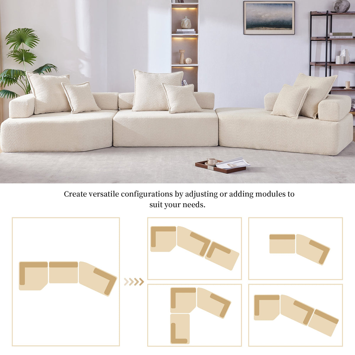 Sofá seccional modular de gran tamaño, lujoso conjunto de sofá de suelo de bouclé, sofá cama convertible, espacioso sofá cama relleno de espuma