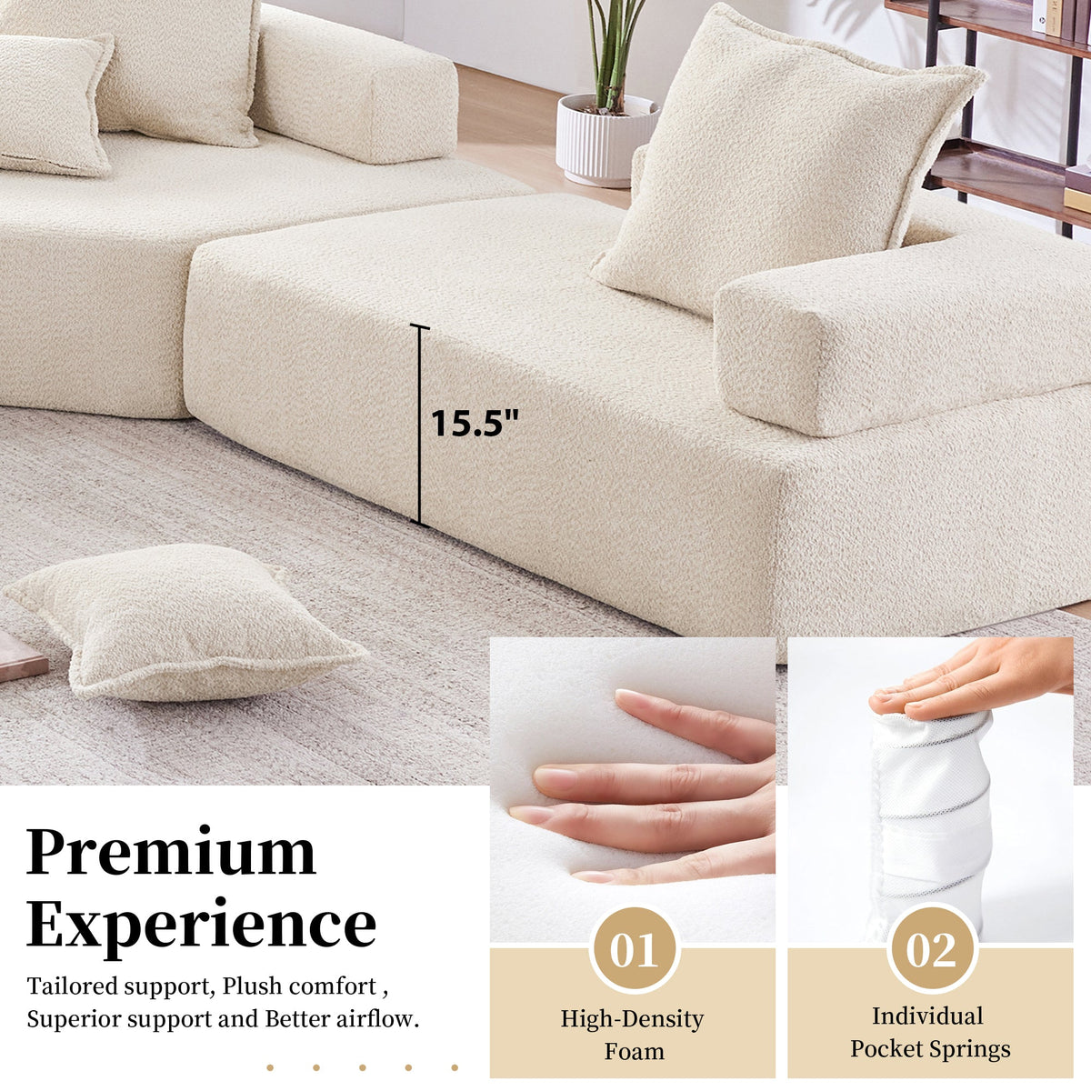 Estructura Lounge para sofá seccional modular en forma de U de gran tamaño, lujoso conjunto de sofá de suelo de bouclé, sofá cama convertible, espaci