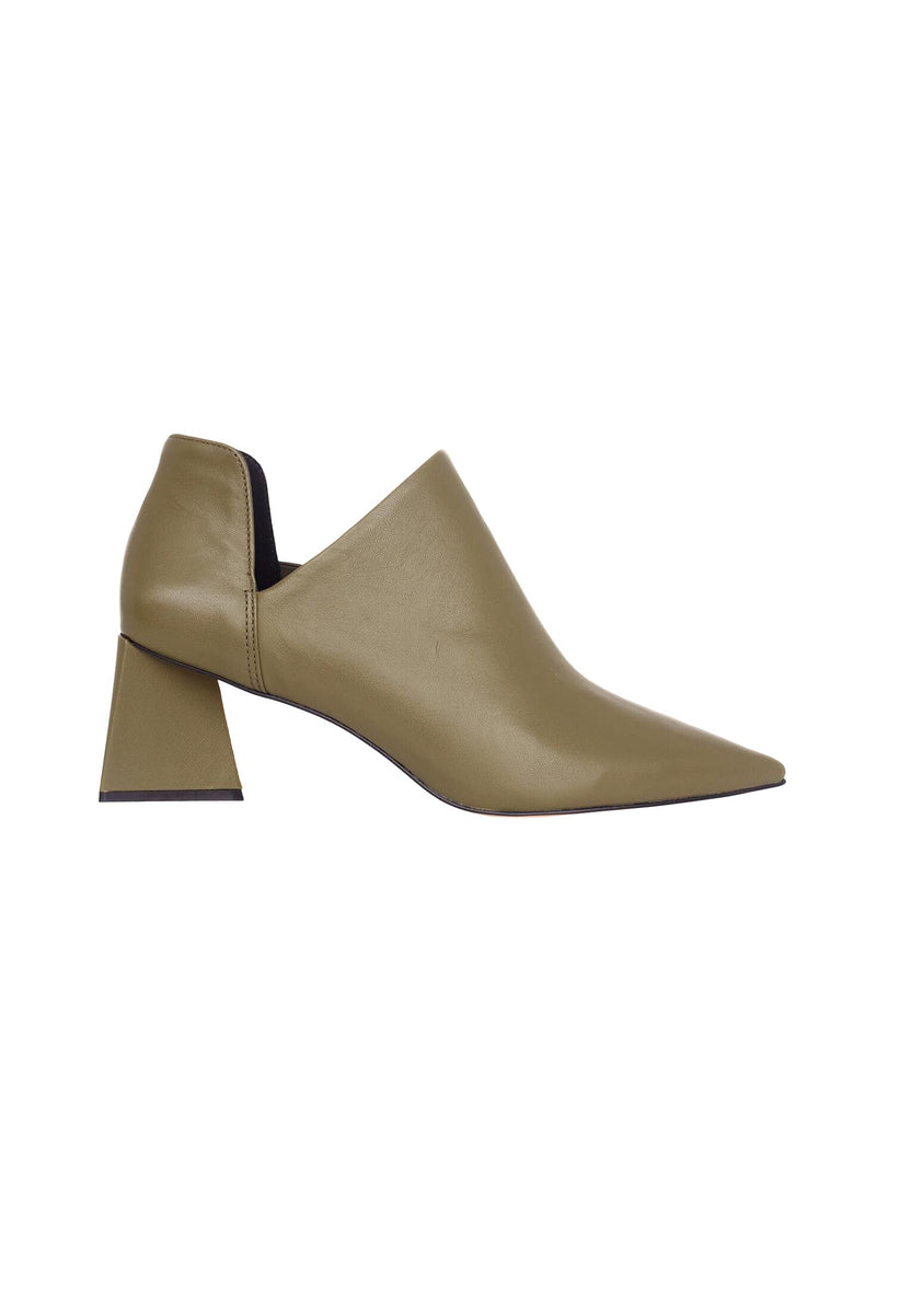 Maranta Olive Green Leather Ankle Boots – Pointed Toe, 6.3cm Flared Heel
