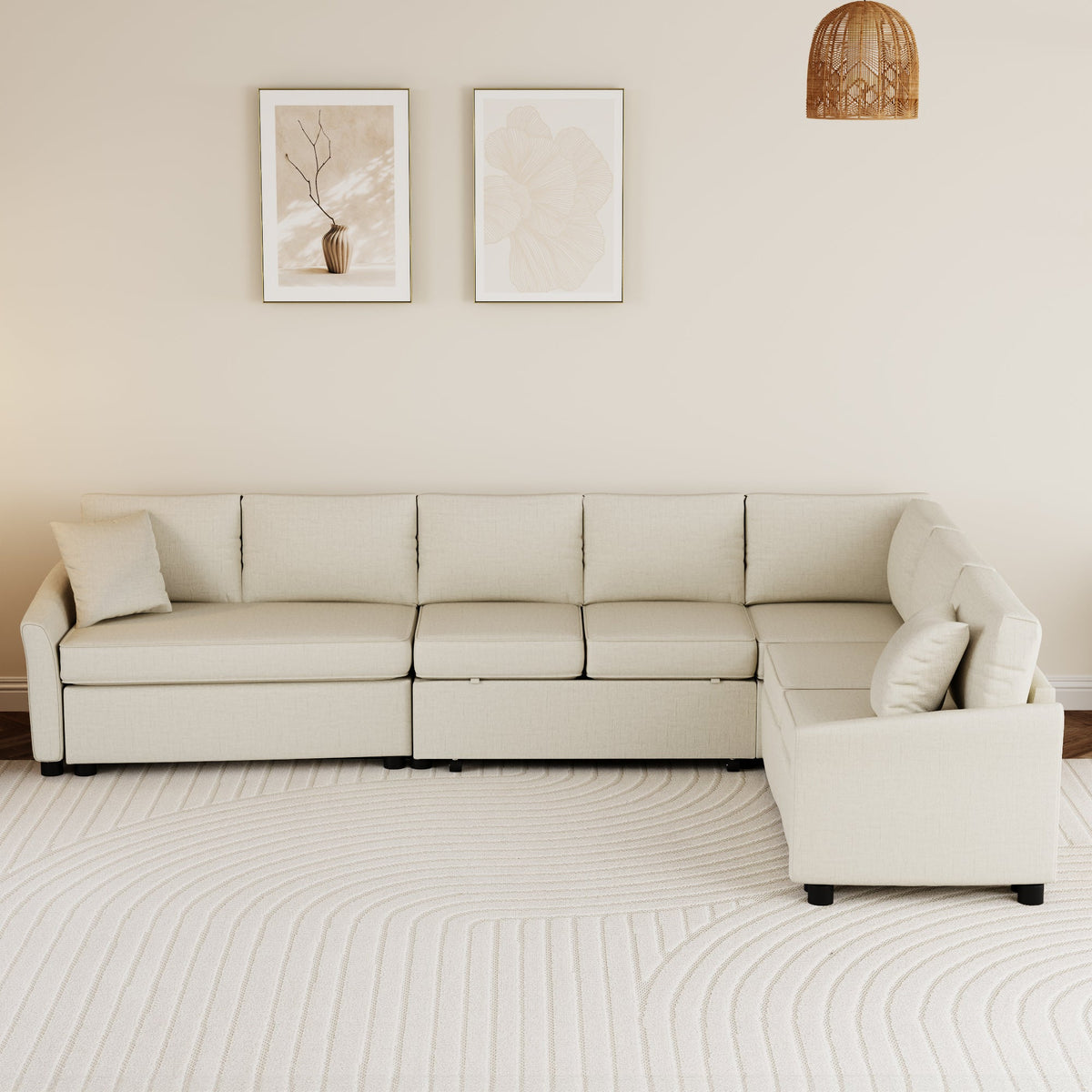Sofá en forma de L de 124.8", sofá cama convertible extraíble con dos cojines de respaldo, dos puertos USB y dos enchufes eléctricos
