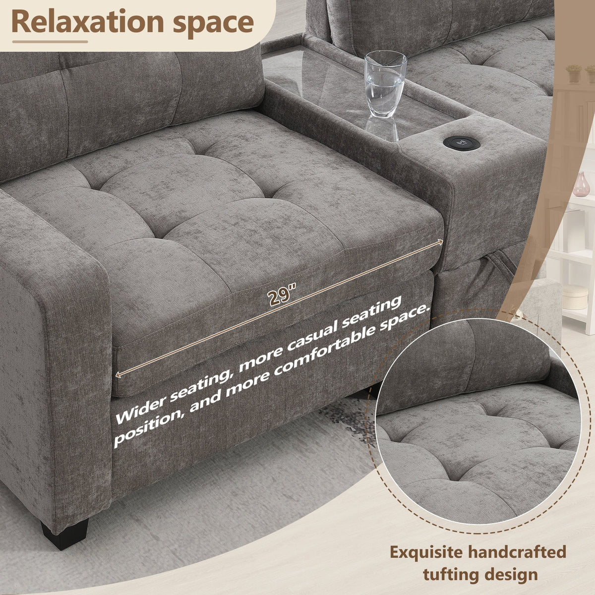 104-calowa sofa narożna z akrylowym blatem, zestaw wypoczynkowy w kształcie litery U z tkaniny szenilowej z 2 konsolami, ładowarką USB, szufladami do przechowywania i