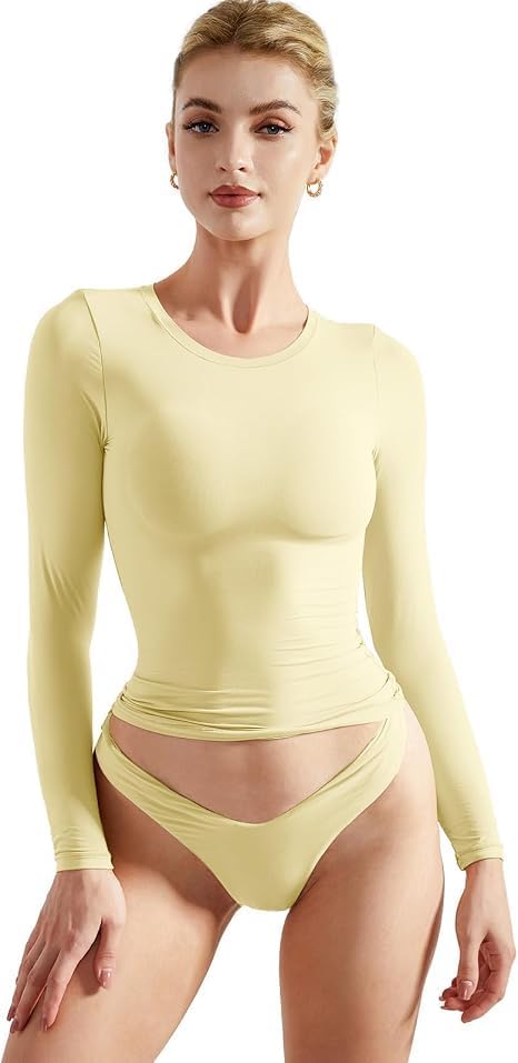 SUUKSESS Women Double Lined Fitted Basic T Shirts Crew Neck Long Sleeve Crop Top