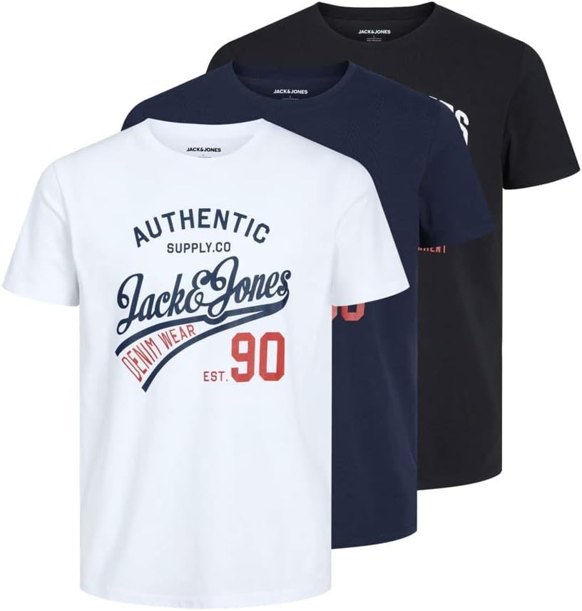 JACK & JONES Herren T-Shirt 3er Pack – Baumwolle, Rundhals, Kurzarm, mit Print – Bequeme Freizeitshirts im modernen Design