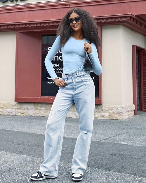 SUUKSESS Women Double Lined Fitted Basic T Shirts Crew Neck Long Sleeve Crop Top