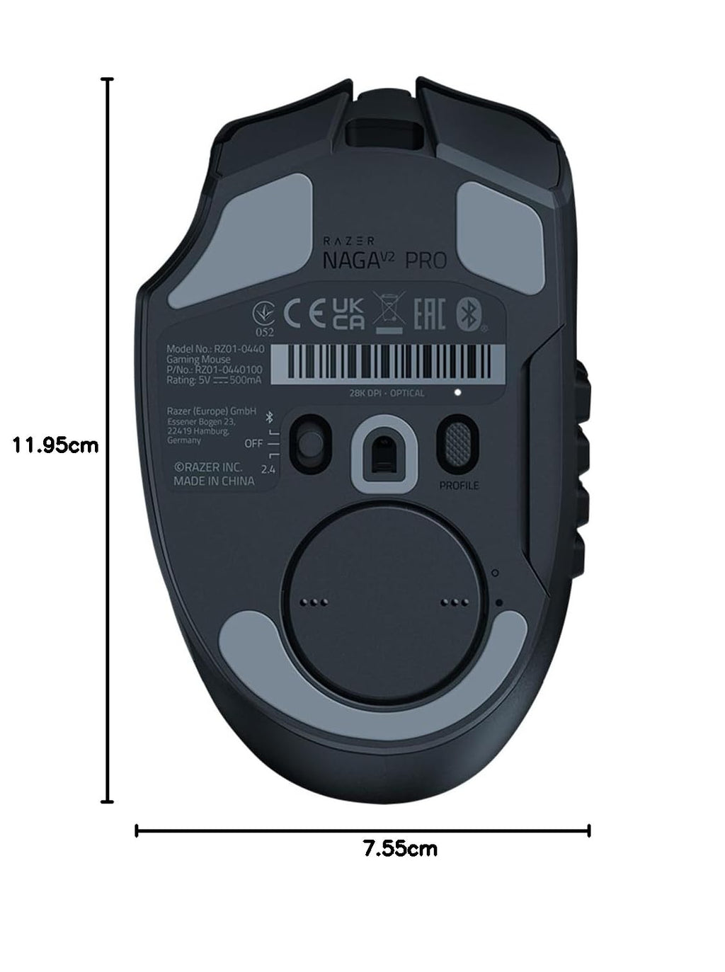 Razer Naga V2 HyperSpeed - Ergonomische Kabellose MMO Gaming Maus (19 Programmierbaren Tasten, Wireless 2,4 GHz, Bluetooth, Bis zu 250 Stunden, Focus Pro 30K Optischer Sensor) Schwarz