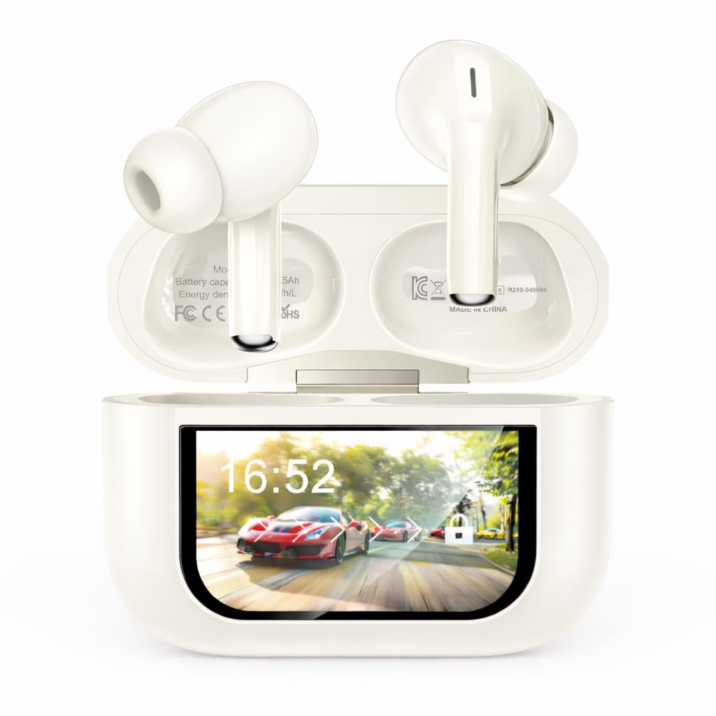 Bluetooth 5.4 Kabellose In-Ear Kopfhörer mit Smart Touchscreen, 48 Std. Wiedergabezeit, Aktive ANC Geräuschunterdrückung + ENC Anrufverarbeitung, 5 EQ-Modi, HiFi Stereo, IPX7 Wasserdicht Austerweiß