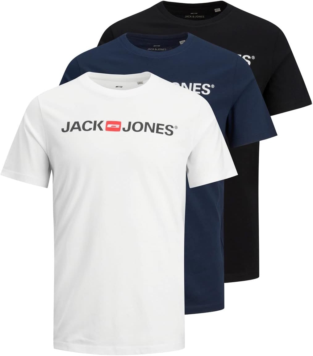 JACK & JONES Herren T-Shirt 3er Pack – Baumwolle, Rundhals, Kurzarm, mit Print – Bequeme Freizeitshirts im modernen Design