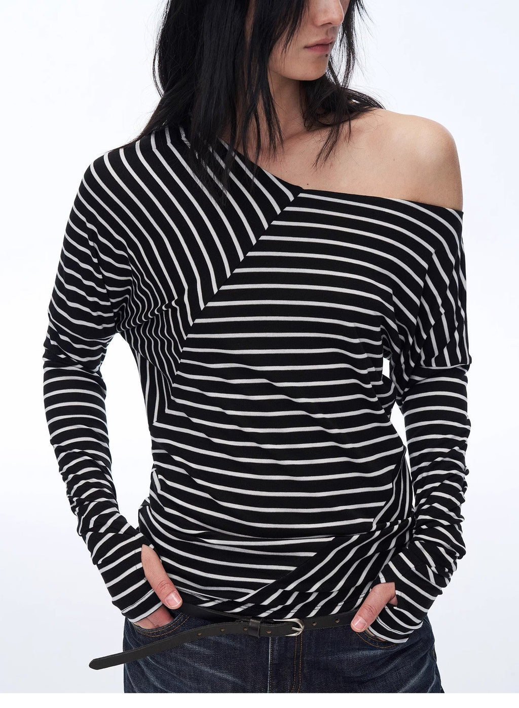 "Picasso Lines" Fashionable Off-Shoulder Lyocell Tencel Wool Blended Draped Patchwork Striped T-Shirt