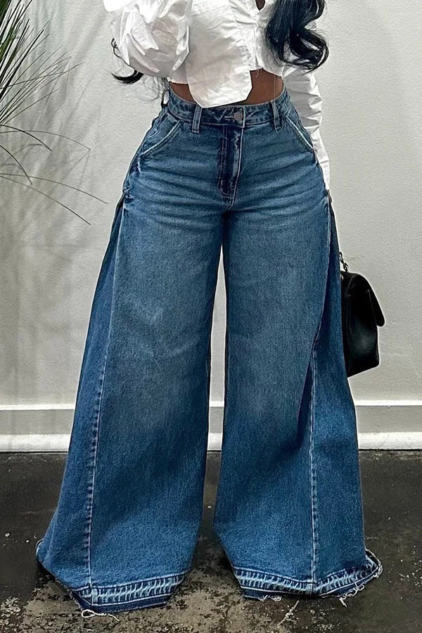 Loose Wide Leg Jeans Stitching Bell-Bottom Pants Tassel Trousers