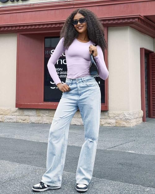 SUUKSESS Women Double Lined Fitted Basic T Shirts Crew Neck Long Sleeve Crop Top