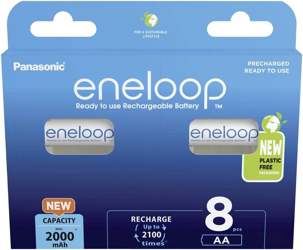 eneloop, AA/Mignon Ni-MH Akku, 8er-Pack, Kapazität mit min. 2000 mAh, Ready-to-Use Ni-MH Akkus, bis zu 2000 Mal wiederaufladbar, plastikfreier Verpackung, standard, weiß