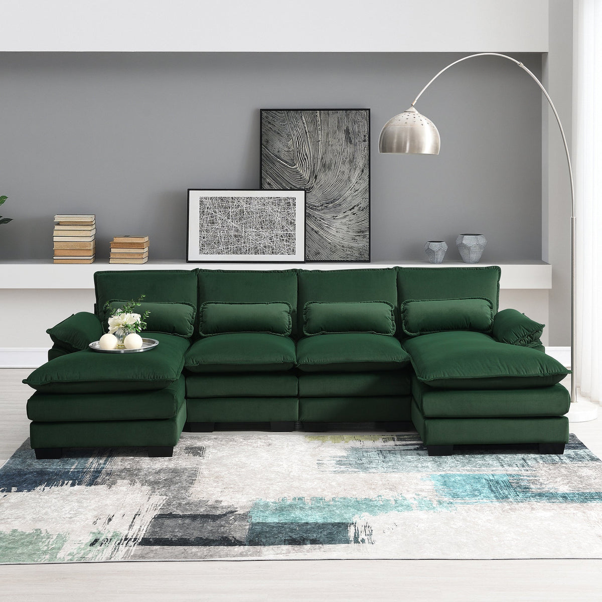 110*55" Modern U-Shaped Sectional Sofa With Waist Pillows,6-Seat Upholstered Symmetrical Sofa Furniture,Sleeper Sofa Cou