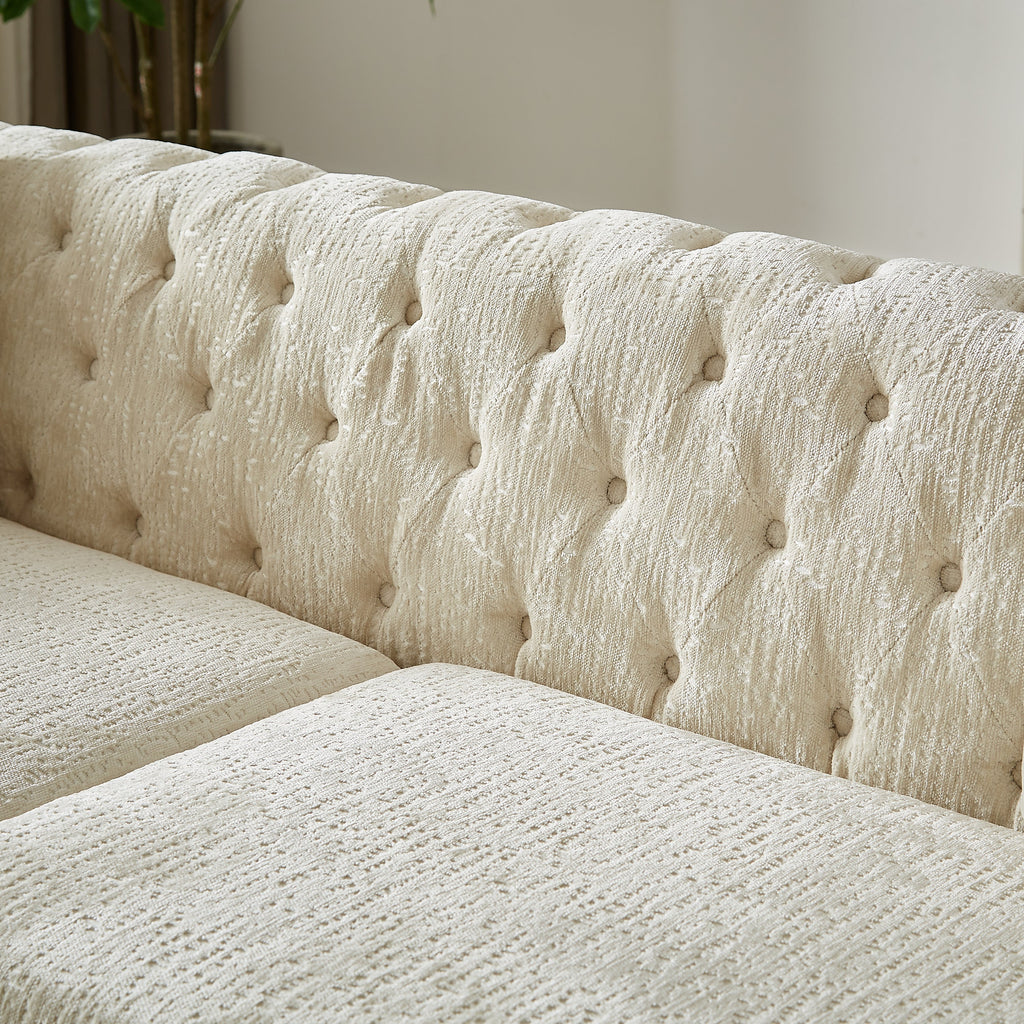 82-tums soffa i chenille med dragspännesdesign för vardagsrum, knapptuftad med kopparnagelsdekoration på armstödet, modern soffa