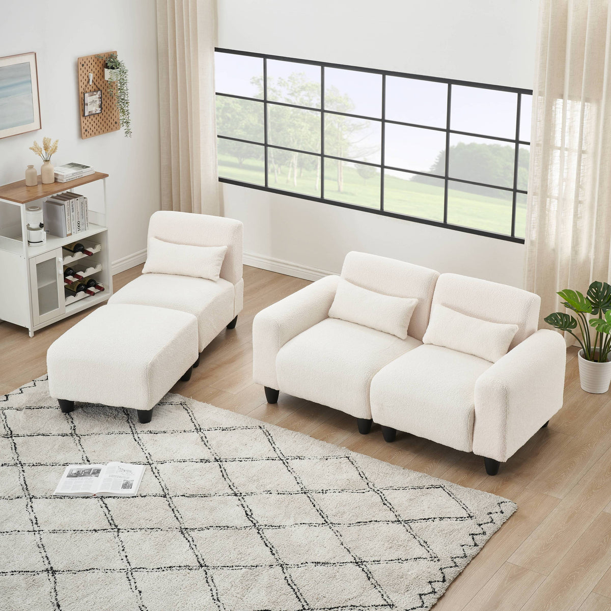 The 84.6-Inch Beige Teddy Fleece Creative Sofa Can Be Assembled Into a Two-Seater Sofa Plus a Single Couch With Three Wa