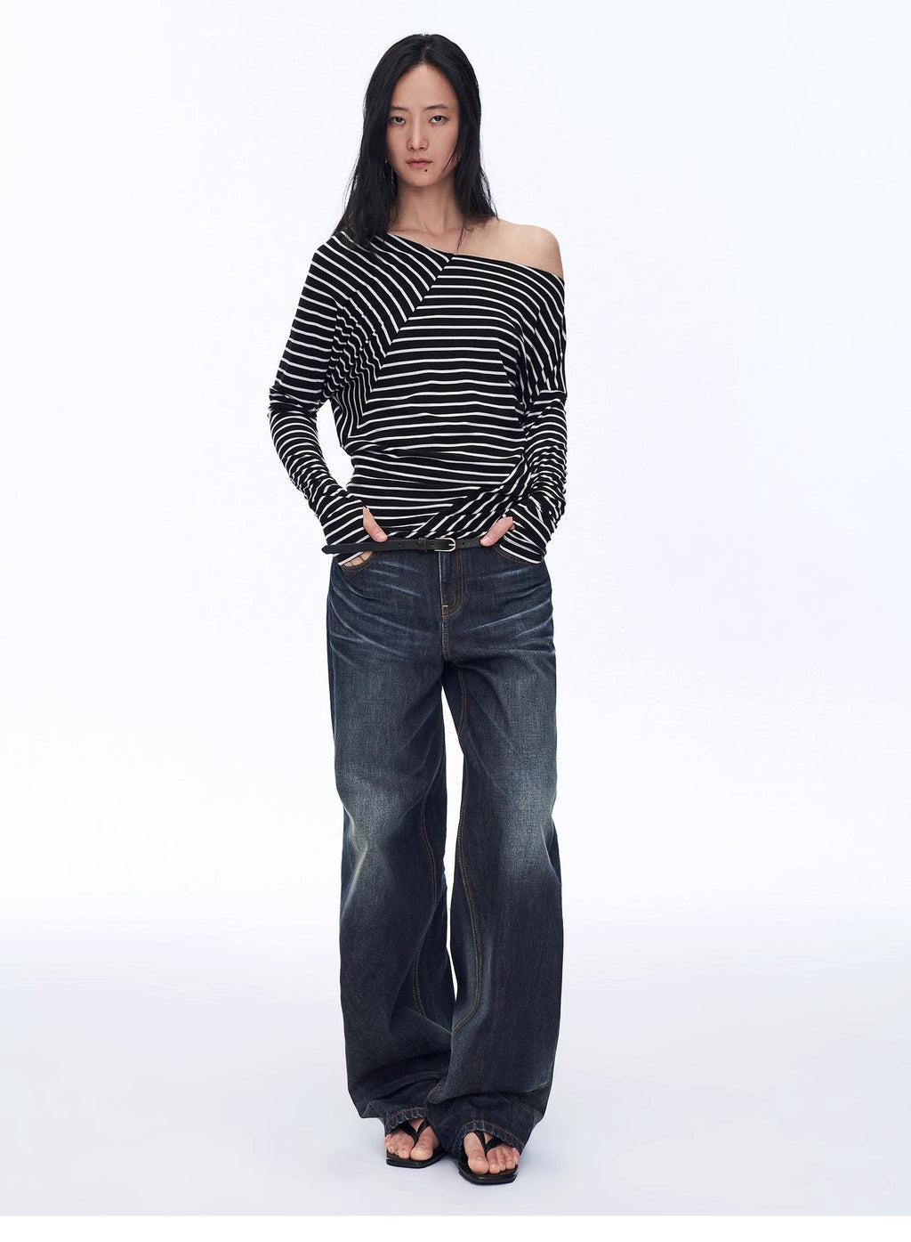 "Picasso Lines" Fashionable Off-Shoulder Lyocell Tencel Wool Blended Draped Patchwork Striped T-Shirt