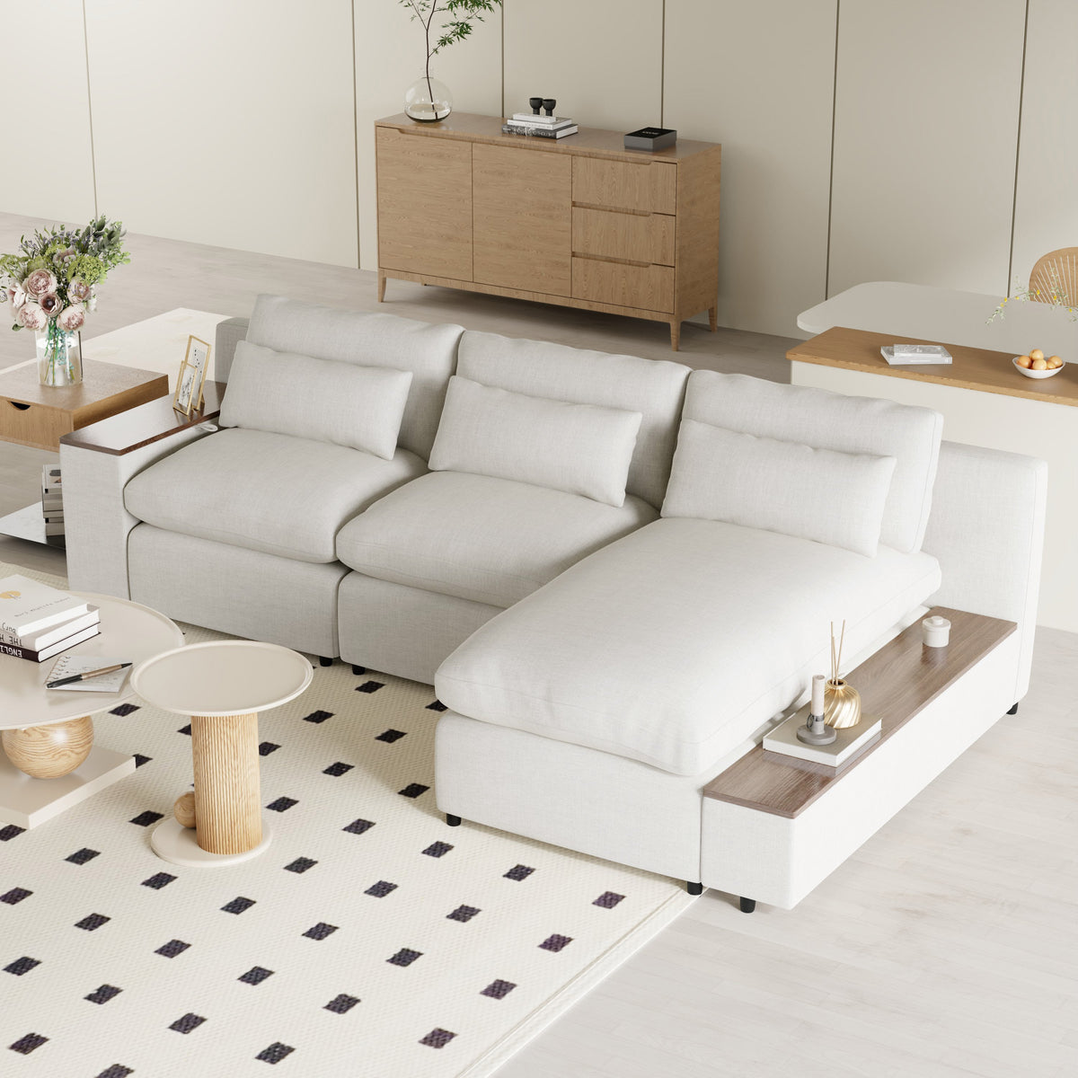 Sofá modular en forma de L con cojines de respaldo extraíbles, 3 almohadas y 2 espacios de almacenamiento, adecuado para salas de estar, ofi