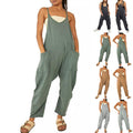 Sommer Damen Lässiger ärmelloser Jumpsuit mit Spaghettiträgern, langer Hose, Taschen und Reißverschluss
