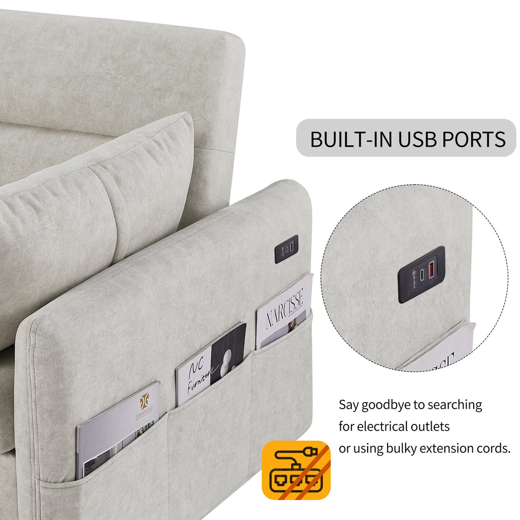 55.1" Pull Out Sleep Sofa Bed Loveseats Sofa Couch With Adjsutable Backrest, Storage Pockets, 2 Soft Pillows, USB Ports