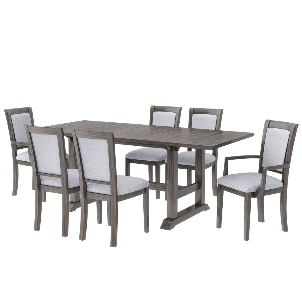 7-Piece Updated 76.9inch Extendable Trestle Dining Table Set With Removable Leaf, Kitchen Table Set With Upholstered Sid
