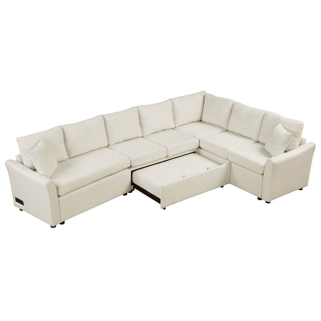 124.8"l-Shaped Sofa Convertible Sofa Bed Pull Out Sofa Sleeper With Two Back Pillows, Two USB Ports and Two Power Socket