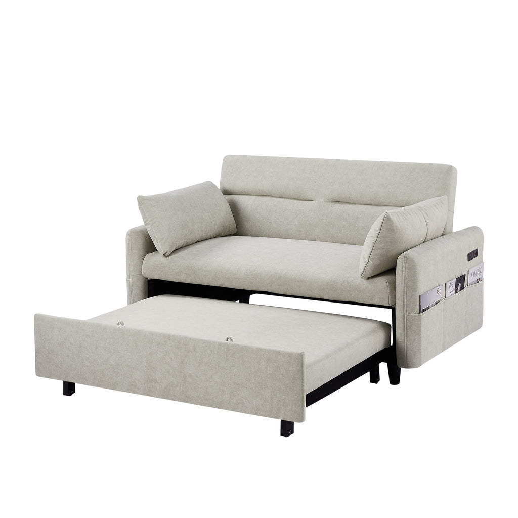 55.1" Pull Out Sleep Sofa Bed Loveseats Sofa Couch With Adjsutable Backrest, Storage Pockets, 2 Soft Pillows, USB Ports